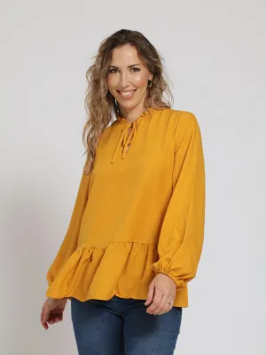 Long Sleeve Frill Neck Peplum Boho Blouse With Tie - Ochre