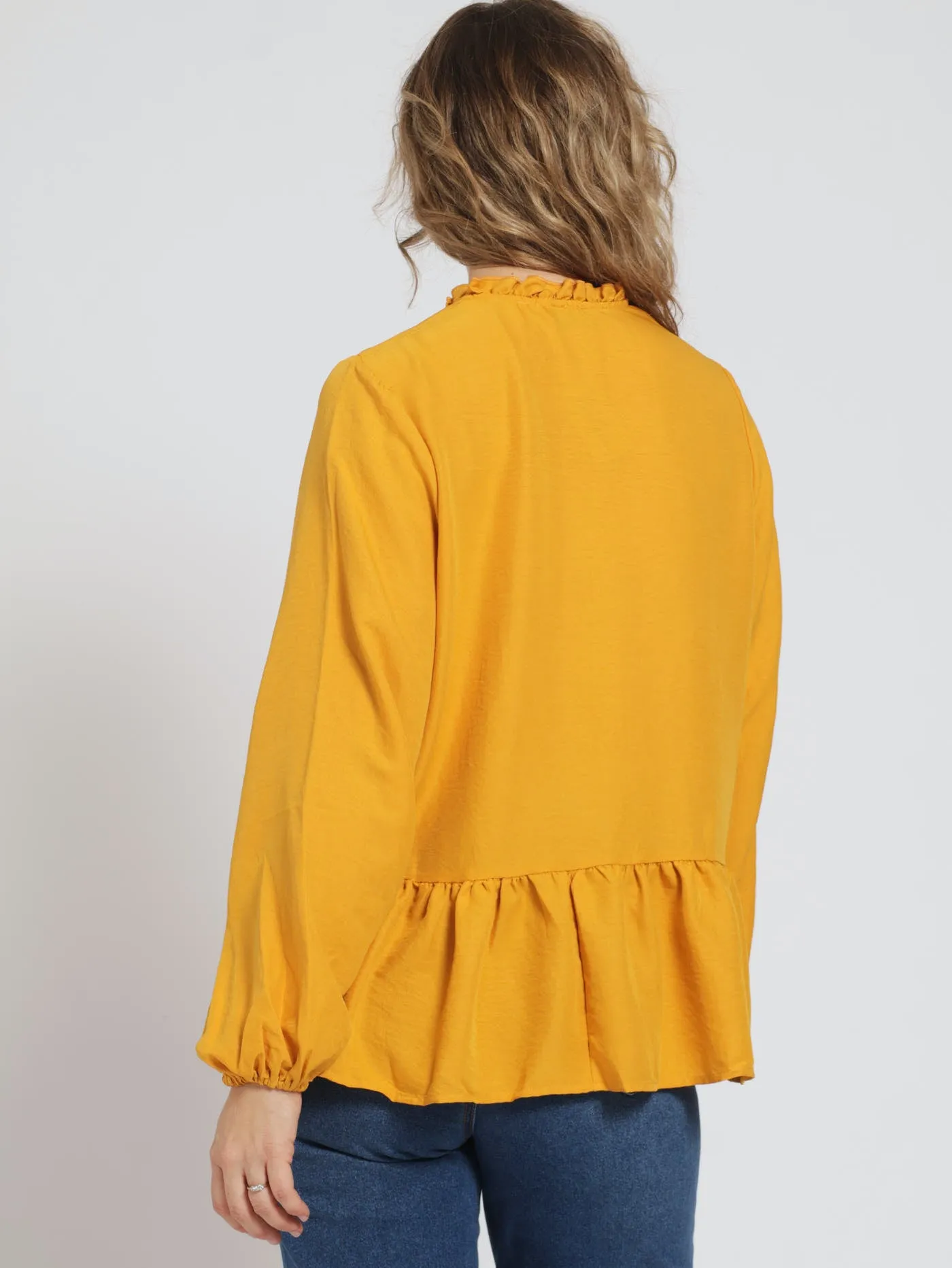 Long Sleeve Frill Neck Peplum Boho Blouse With Tie - Ochre