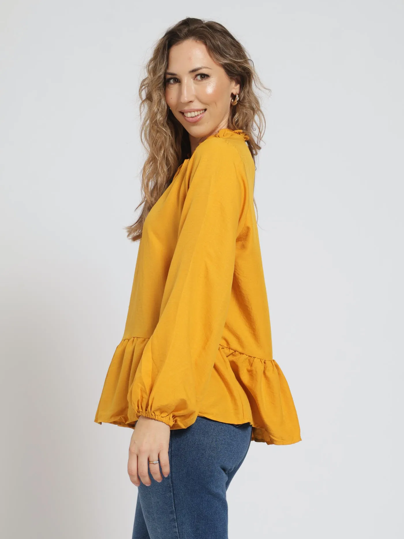 Long Sleeve Frill Neck Peplum Boho Blouse With Tie - Ochre