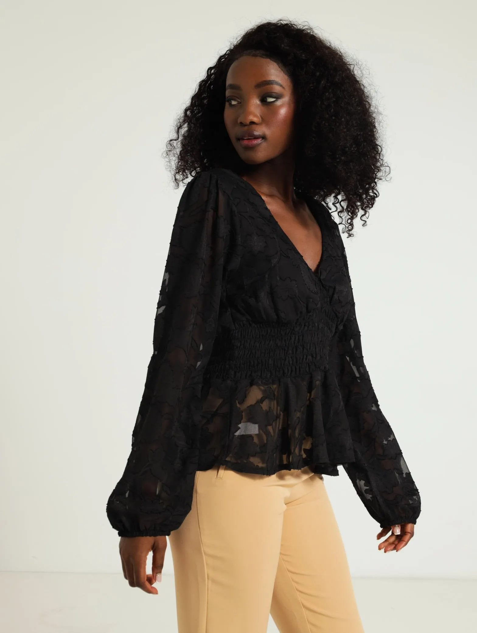 Long Sleeve V-Neck Burnout Peplum Blouse - Black