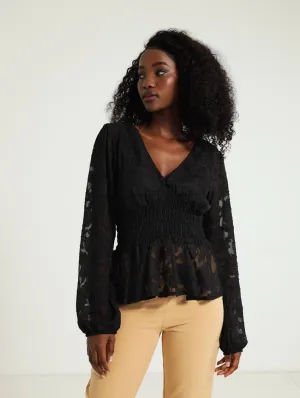Long Sleeve V-Neck Burnout Peplum Blouse - Black