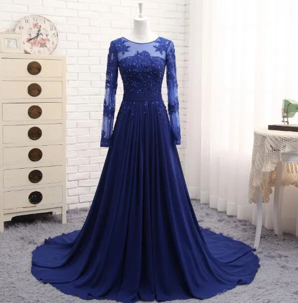 Long Sleeves Beaded Evening Dresses Party Elegant Gowns Champagne Chiffon A Line Vestidos De Festa Vestido Longo Robe De Soiree