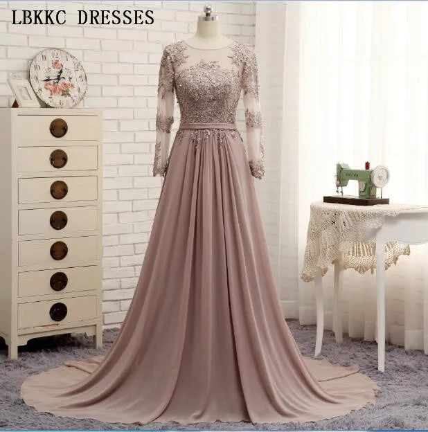 Long Sleeves Beaded Evening Dresses Party Elegant Gowns Champagne Chiffon A Line Vestidos De Festa Vestido Longo Robe De Soiree