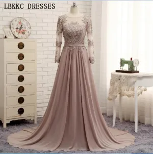 Long Sleeves Beaded Evening Dresses Party Elegant Gowns Champagne Chiffon A Line Vestidos De Festa Vestido Longo Robe De Soiree