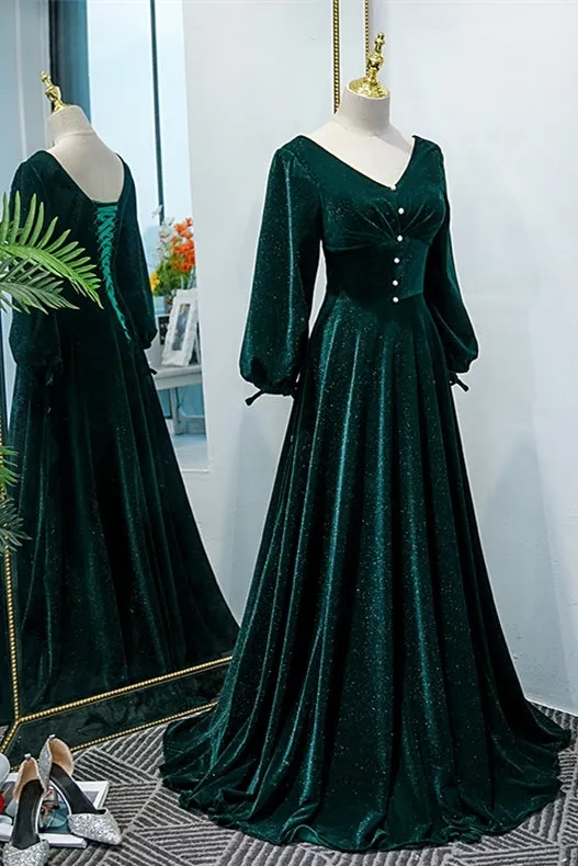 Long Sleeves Green Velvet Long Formal Dress