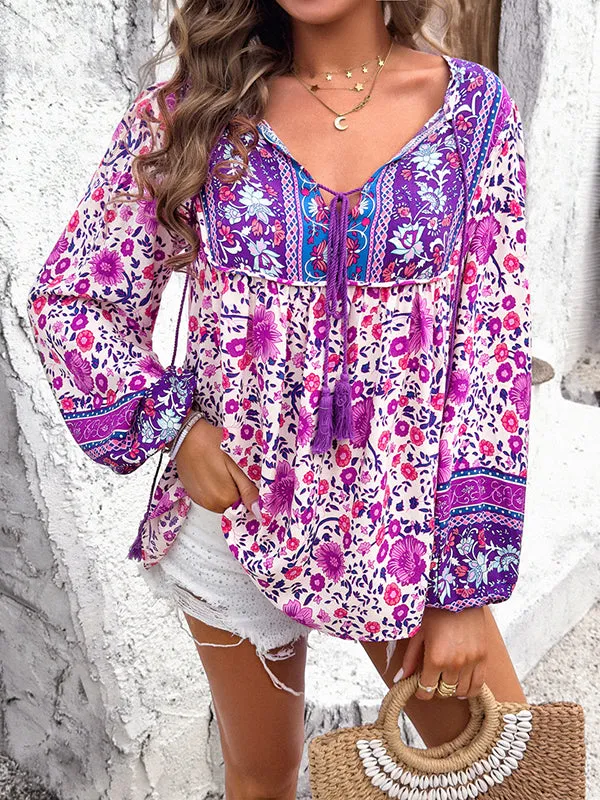 Long Sleeves Loose Contrast Color Elasticity Pleated Split-Joint Tied V-Neck Blouses&Shirts Tops