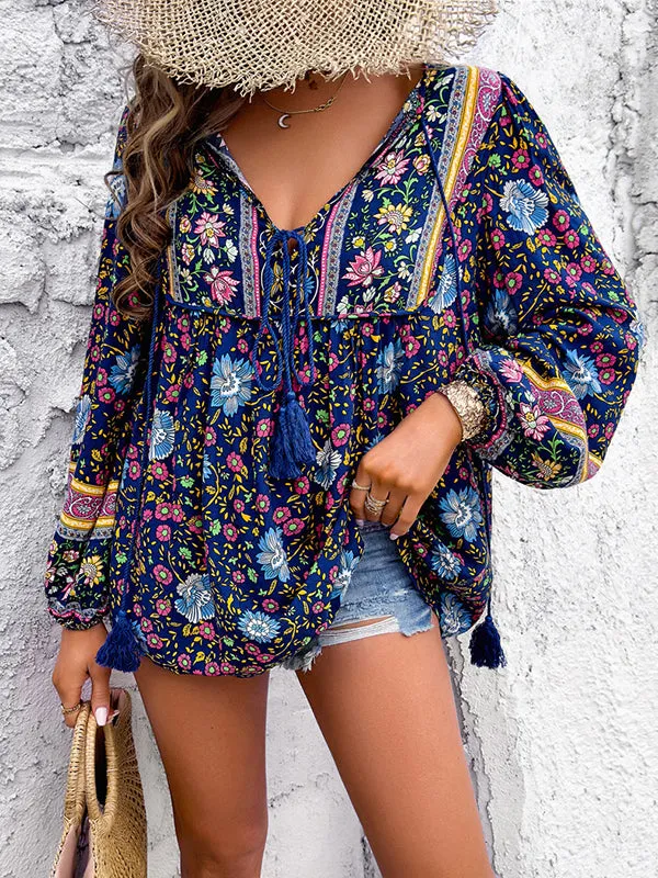 Long Sleeves Loose Contrast Color Elasticity Pleated Split-Joint Tied V-Neck Blouses&Shirts Tops