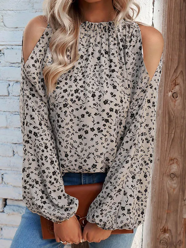 Long Sleeves Loose Elasticity Flower Print Hollow Pleated Cold Shoulder Blouses&Shirts Tops