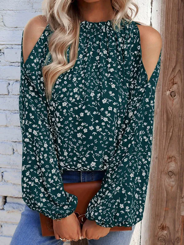 Long Sleeves Loose Elasticity Flower Print Hollow Pleated Cold Shoulder Blouses&Shirts Tops