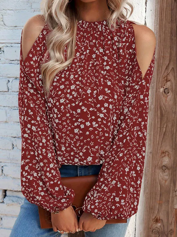 Long Sleeves Loose Elasticity Flower Print Hollow Pleated Cold Shoulder Blouses&Shirts Tops