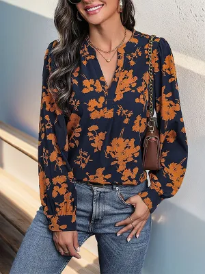 Long Sleeves Loose Flower Print Pleated Split-Joint V-Neck Blouses&Shirts Tops