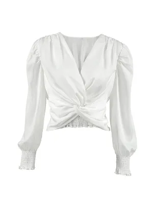 Loose Puff Sleeves Elasticity Pleated Solid Color Split-Joint V-Neck Blouses&Shirts Tops