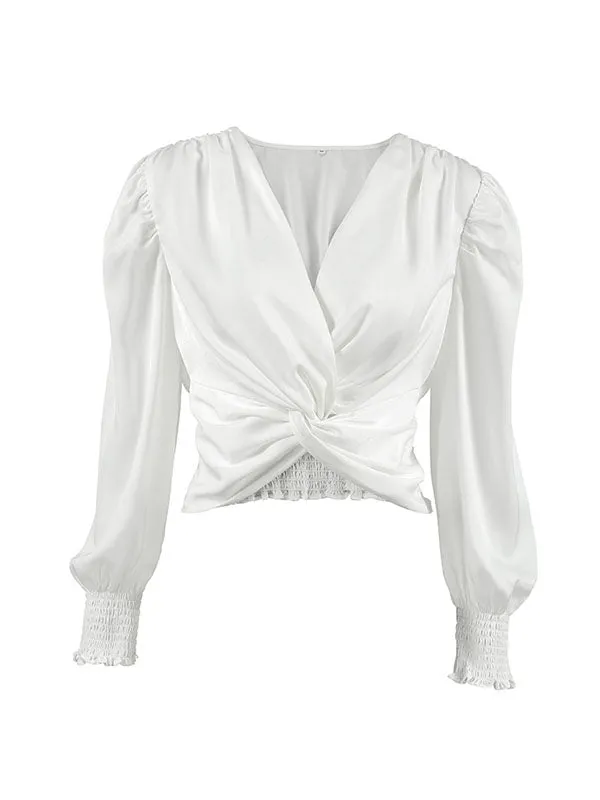 Loose Puff Sleeves Elasticity Pleated Solid Color Split-Joint V-Neck Blouses&Shirts Tops