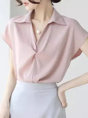 Loose Raglan Sleeve Solid Color Split-Joint Lapel Blouses&Shirts Tops