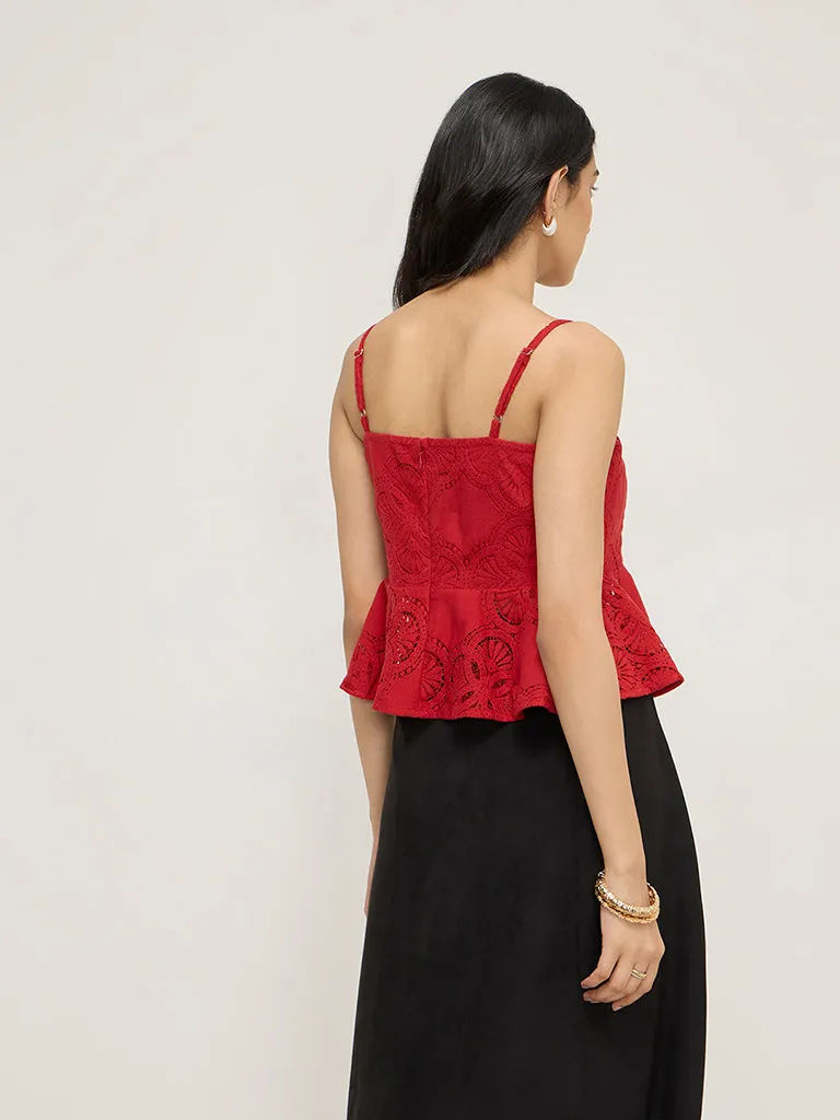 LOV Red Lace Design Peplum Cotton-Blend Top
