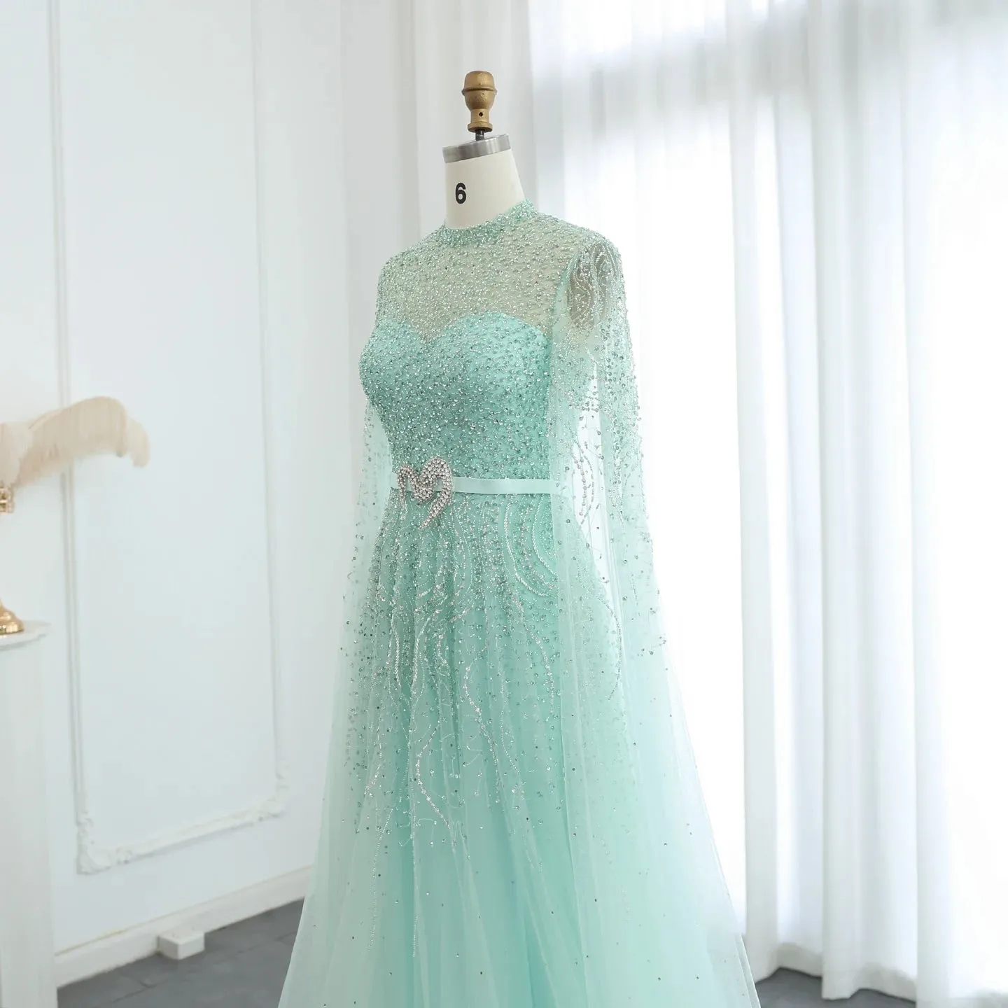 Luxury Elegant High Neck Blue Evening Dress with Cape Sleeves