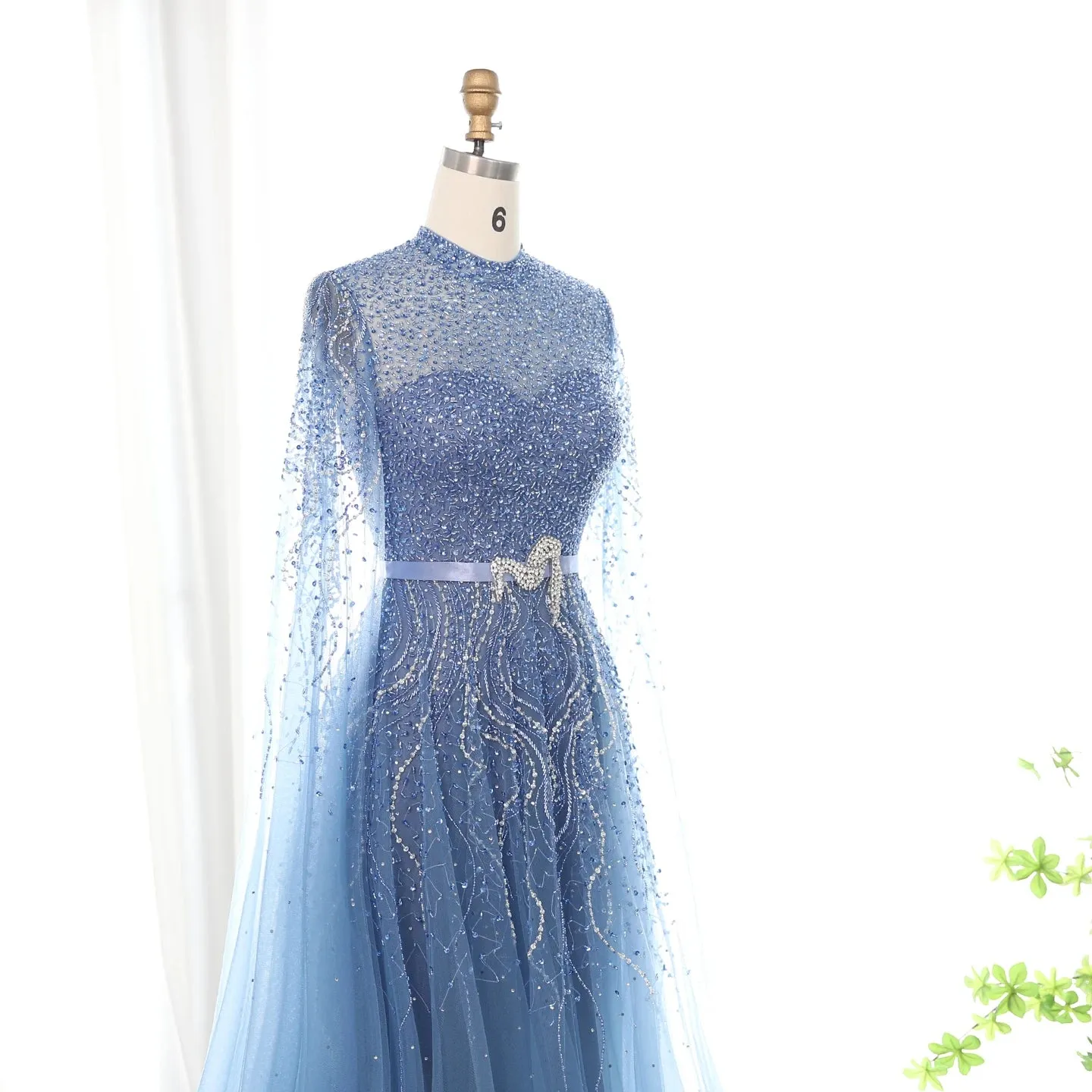Luxury Elegant High Neck Blue Evening Dress with Cape Sleeves