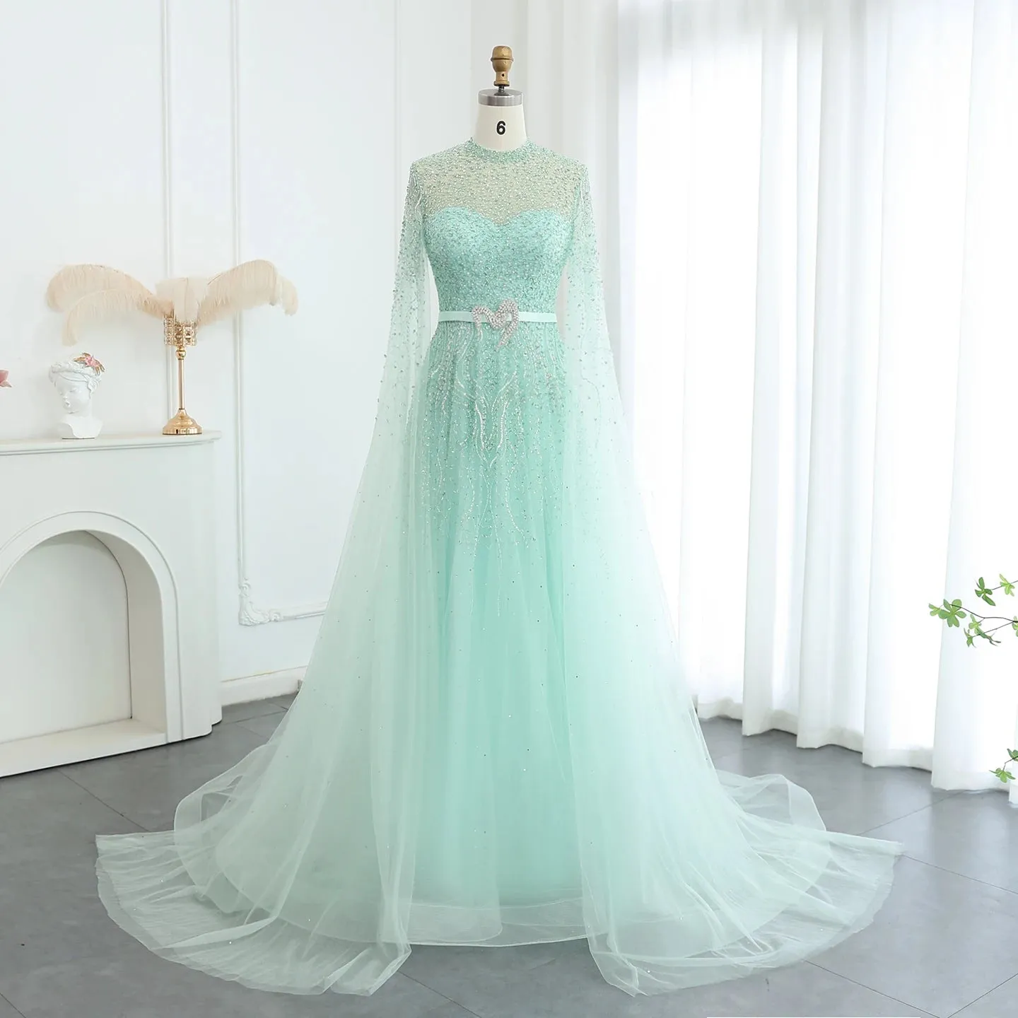 Luxury Elegant High Neck Blue Evening Dress with Cape Sleeves