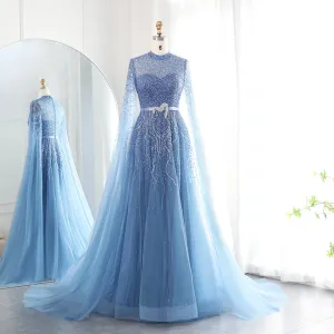 Luxury Elegant High Neck Blue Evening Dress with Cape Sleeves