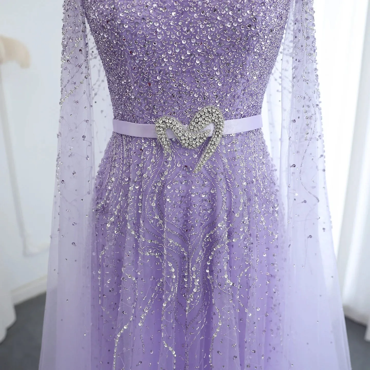Luxury Elegant High Neck Blue Evening Dress with Cape Sleeves