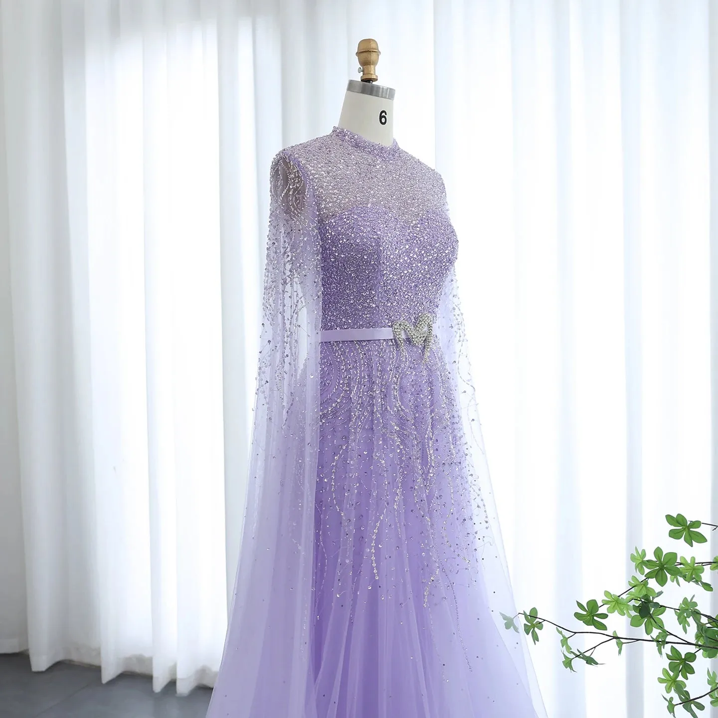 Luxury Elegant High Neck Blue Evening Dress with Cape Sleeves