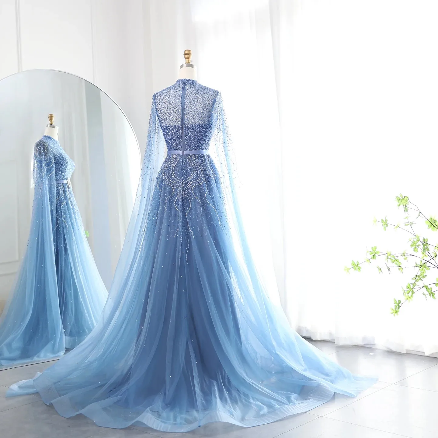 Luxury Elegant High Neck Blue Evening Dress with Cape Sleeves
