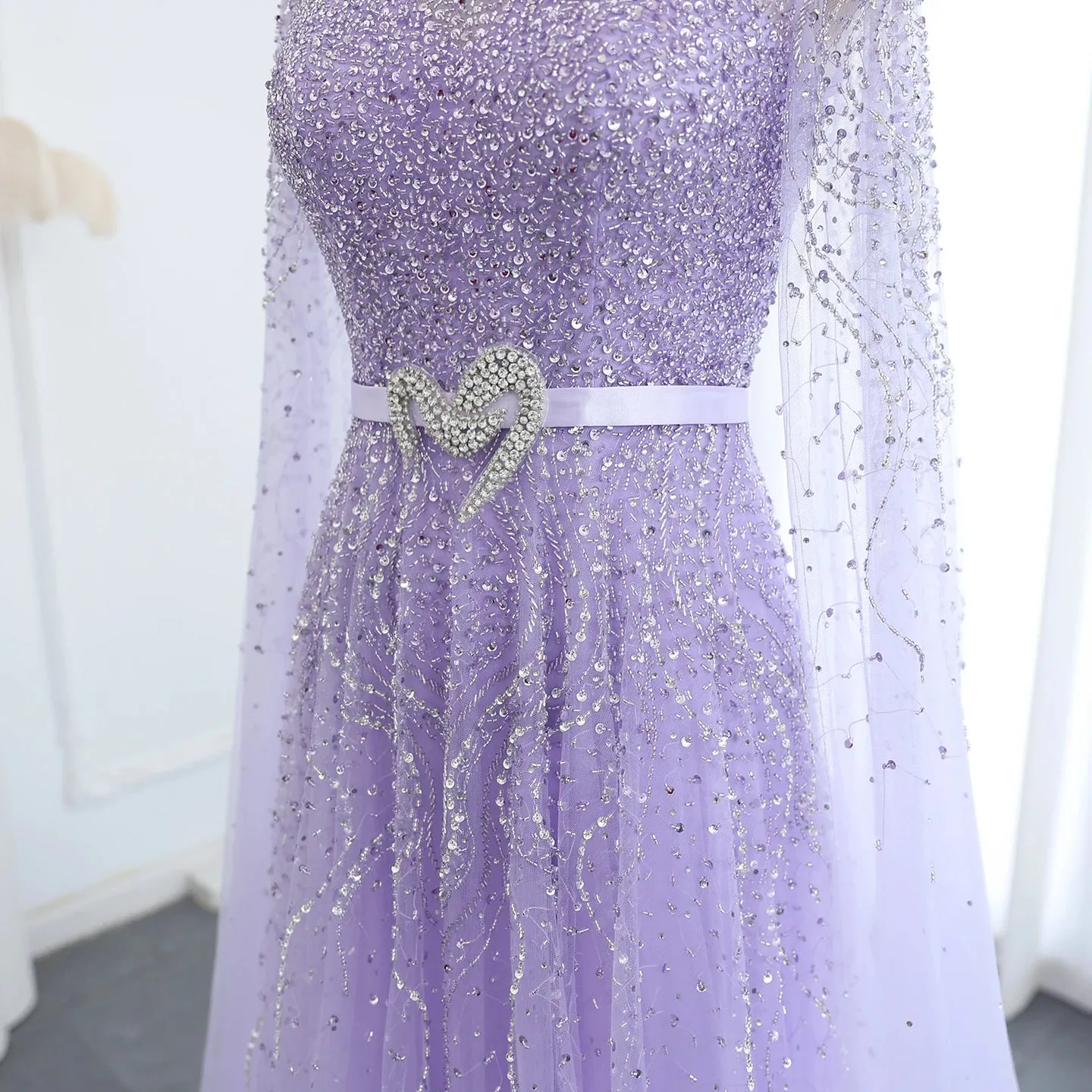 Luxury Elegant High Neck Blue Evening Dress with Cape Sleeves