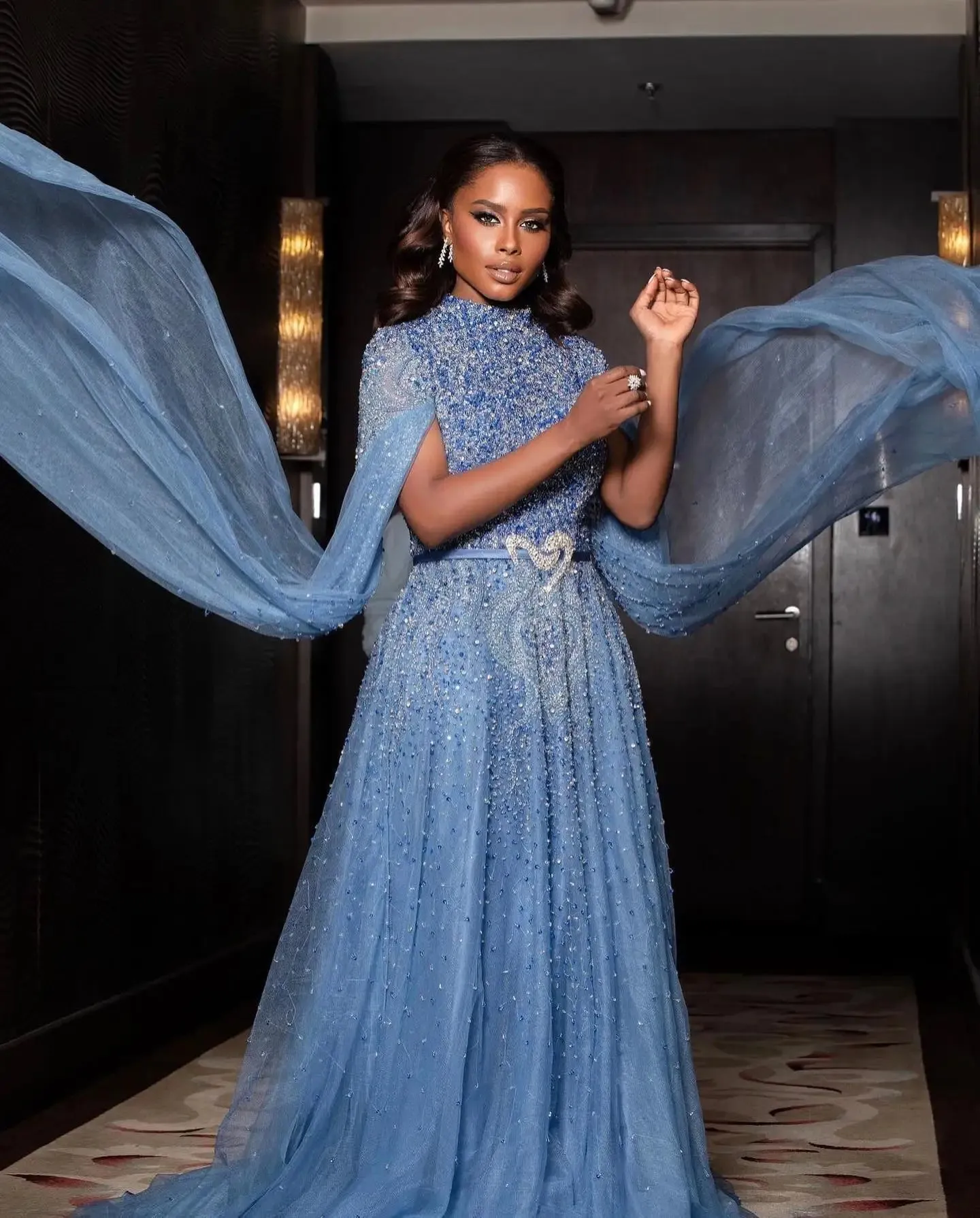 Luxury Elegant High Neck Blue Evening Dress with Cape Sleeves