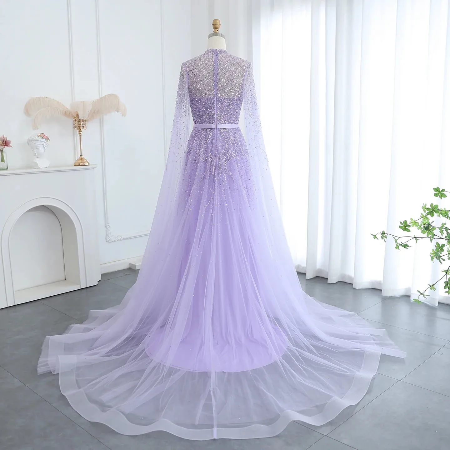 Luxury Elegant High Neck Blue Evening Dress with Cape Sleeves