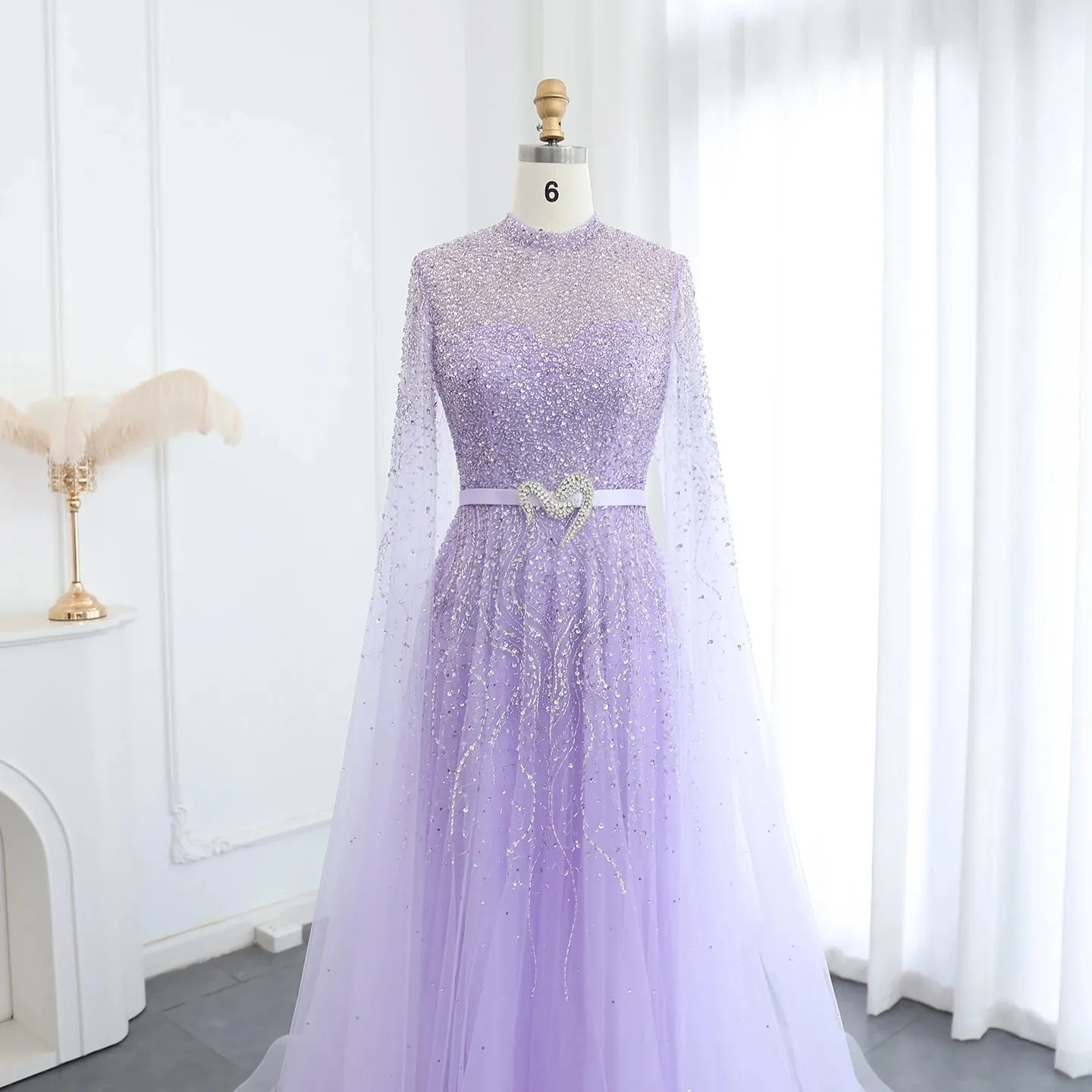 Luxury Elegant High Neck Blue Evening Dress with Cape Sleeves