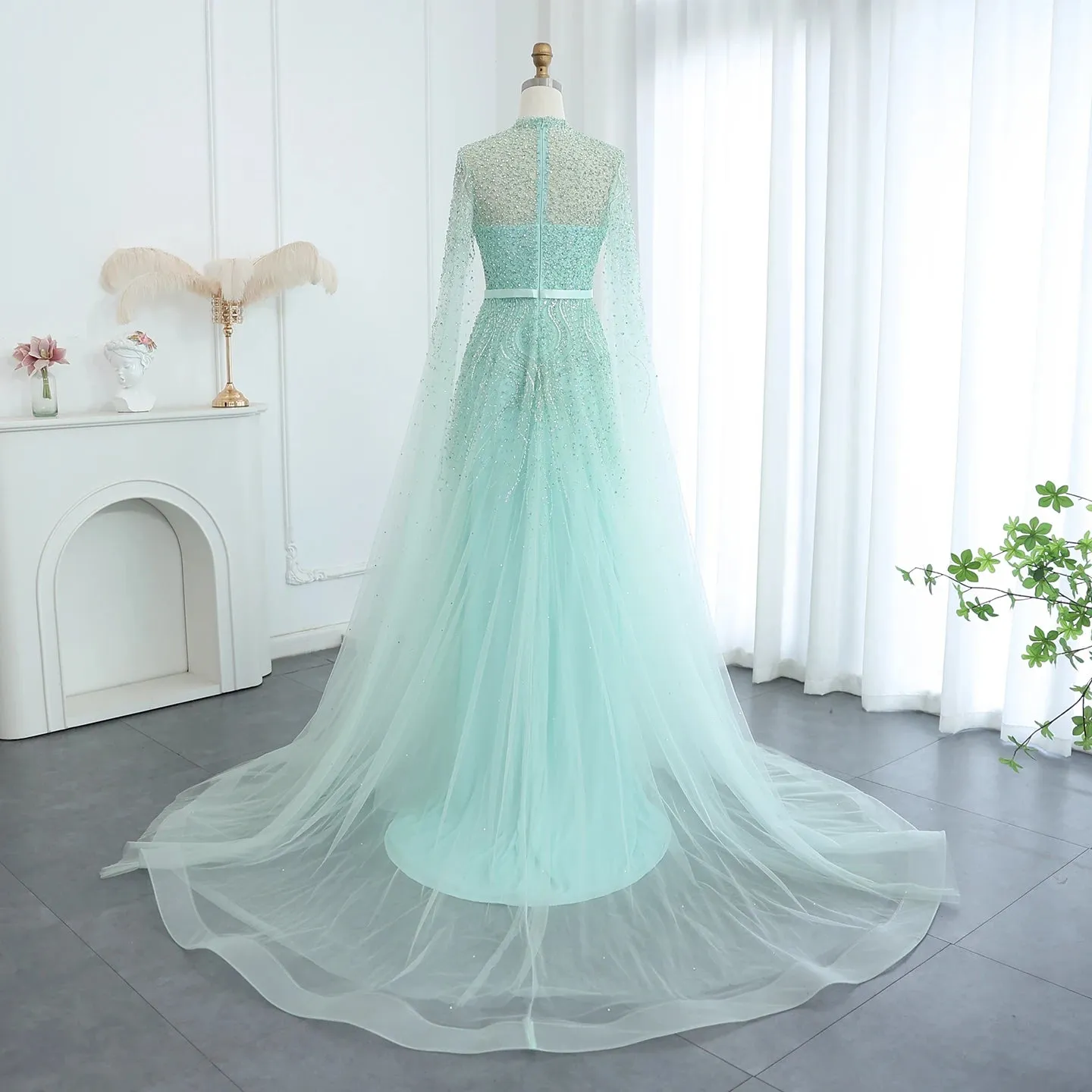 Luxury Elegant High Neck Blue Evening Dress with Cape Sleeves