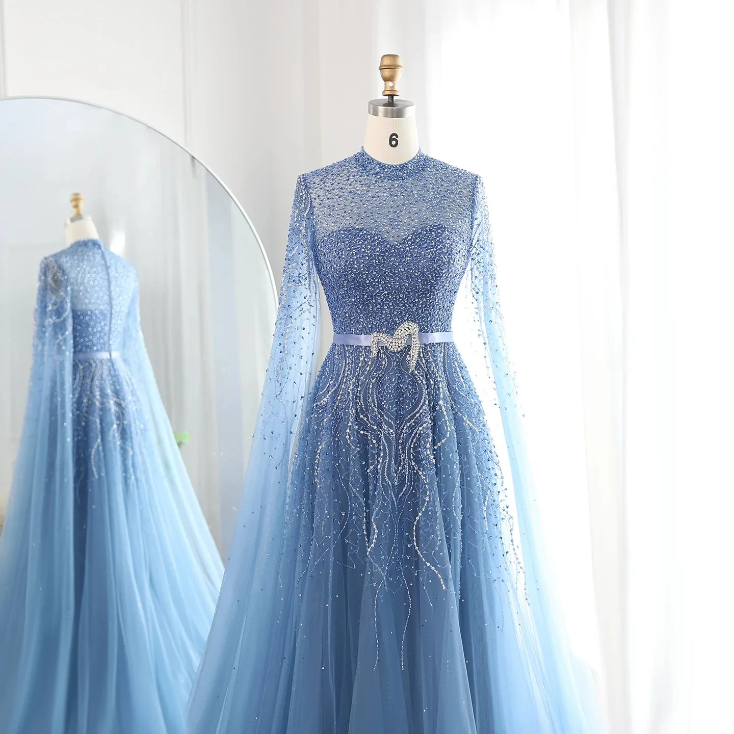 Luxury Elegant High Neck Blue Evening Dress with Cape Sleeves