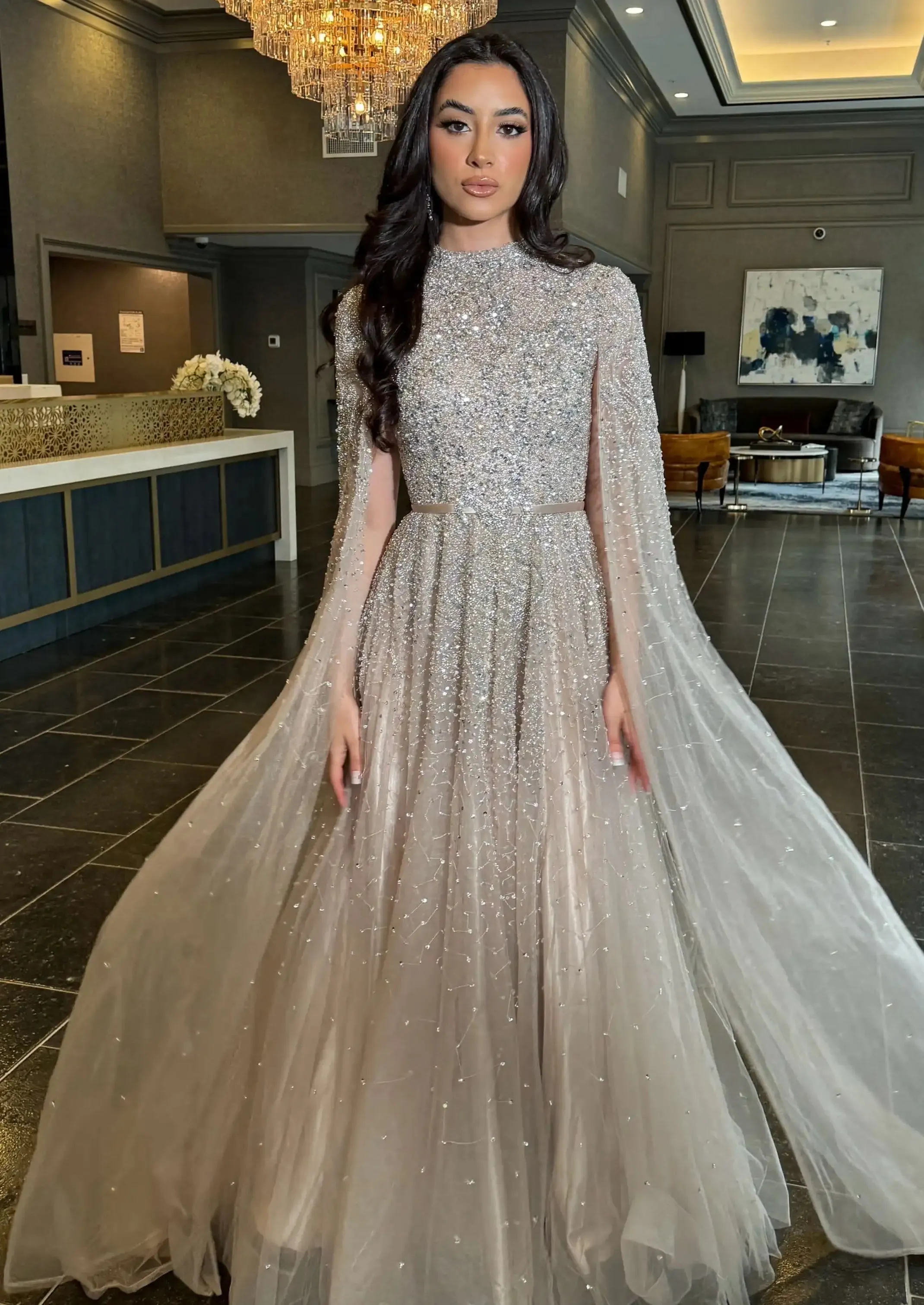 Luxury Elegant High Neck Blue Evening Dress with Cape Sleeves