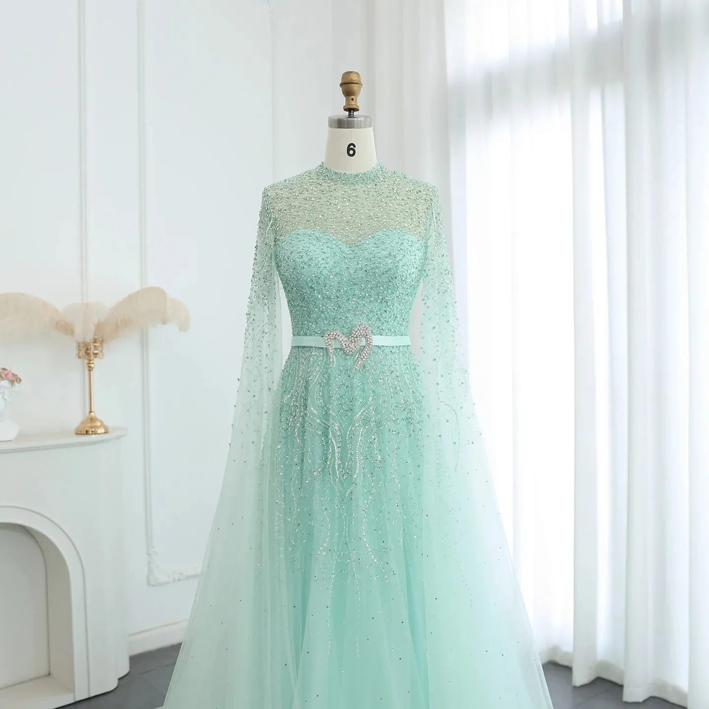 Luxury Elegant High Neck Blue Evening Dress with Cape Sleeves