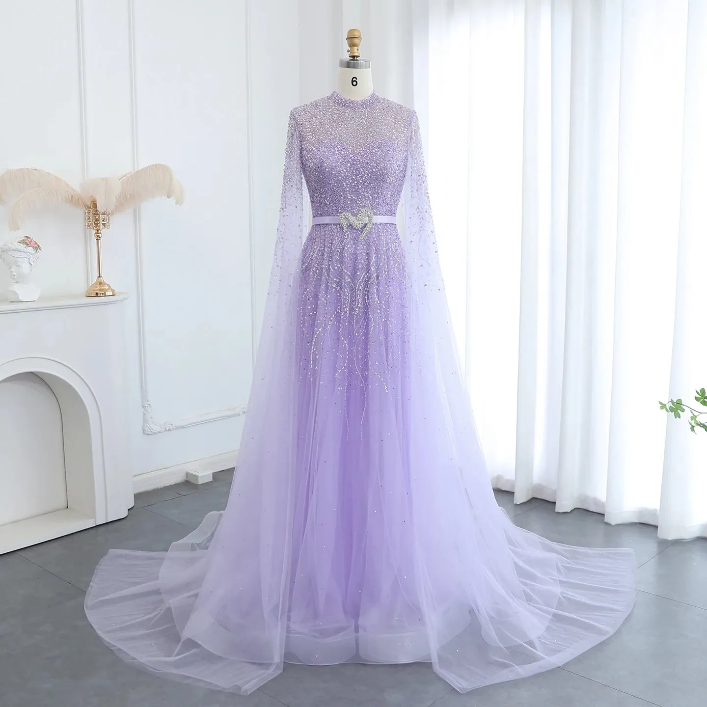 Luxury Elegant High Neck Blue Evening Dress with Cape Sleeves