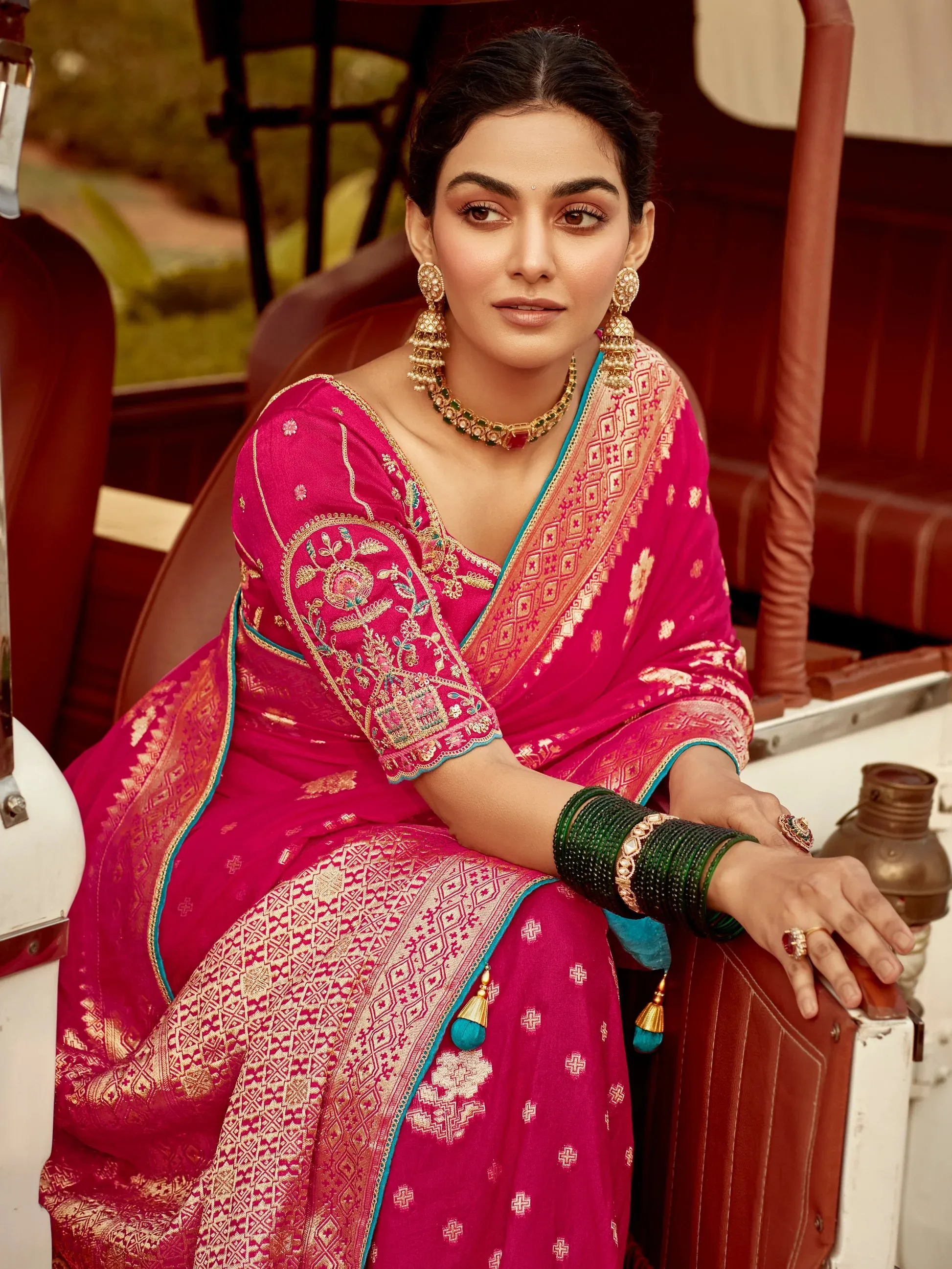 Magenta Contrast Embroidered Saree