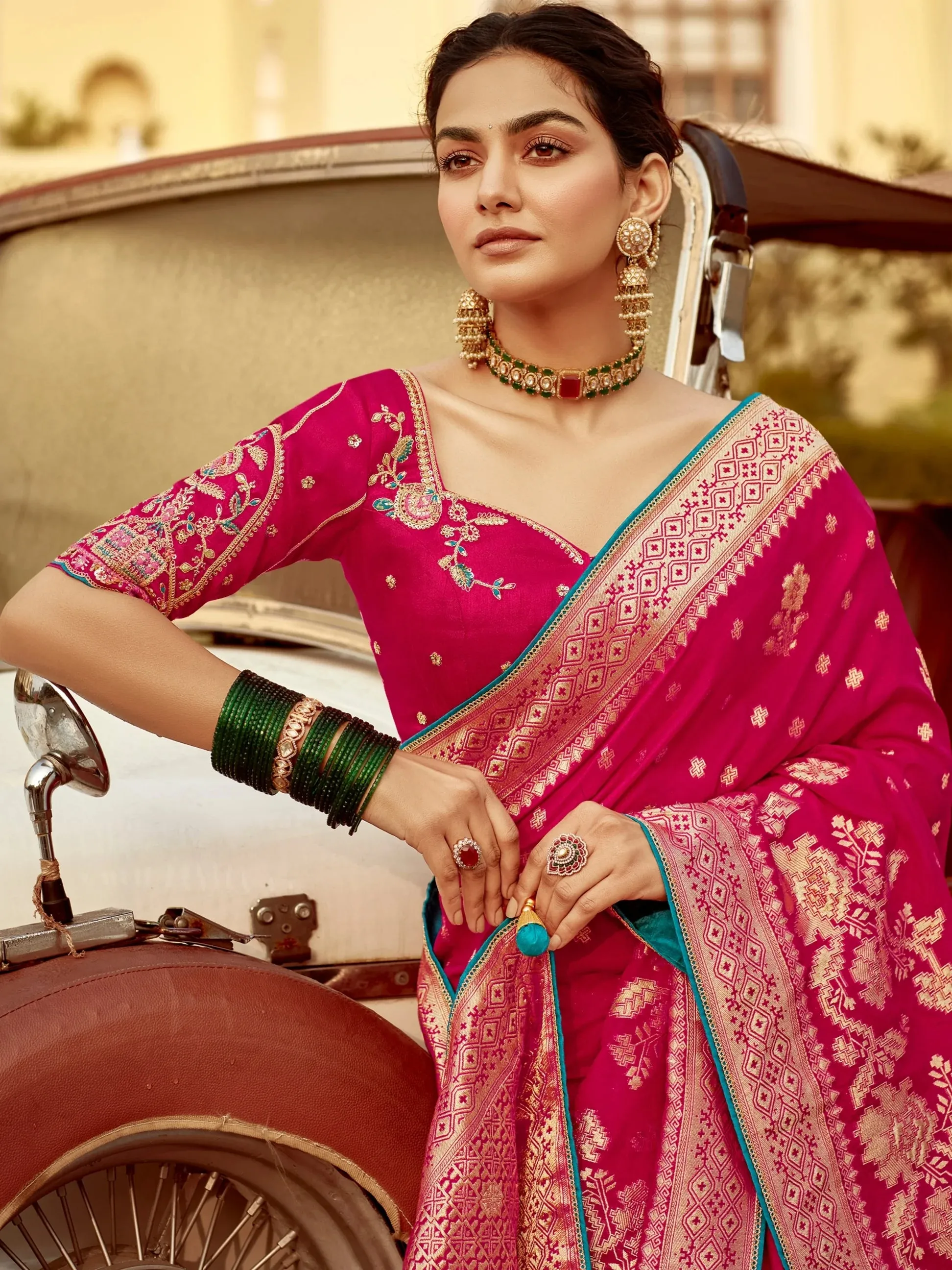 Magenta Contrast Embroidered Saree