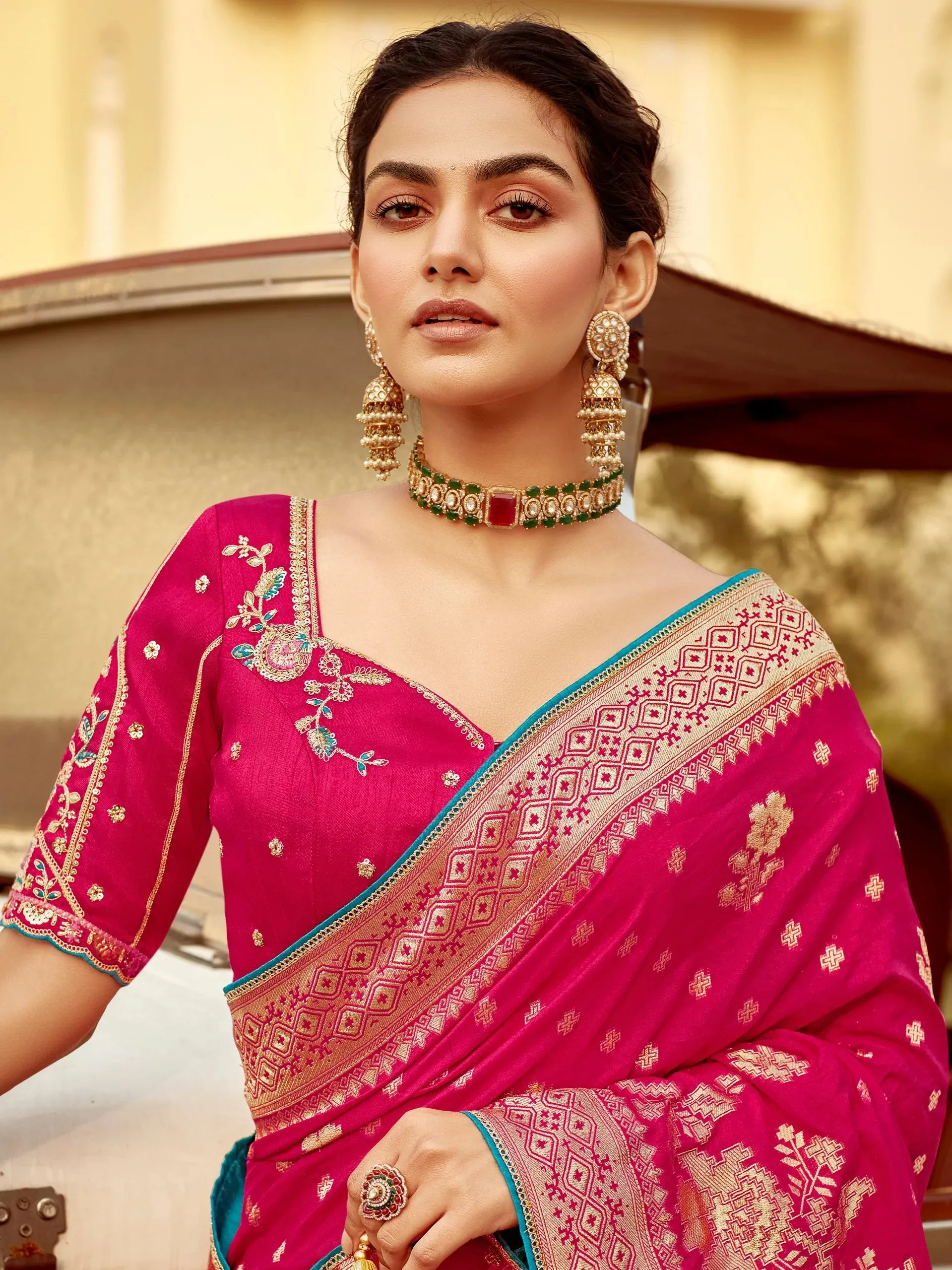 Magenta Contrast Embroidered Saree