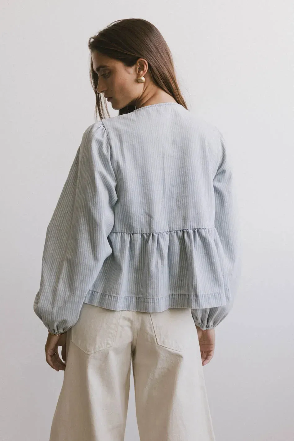 Maggie Peplum Tie Blouse in Light Wash