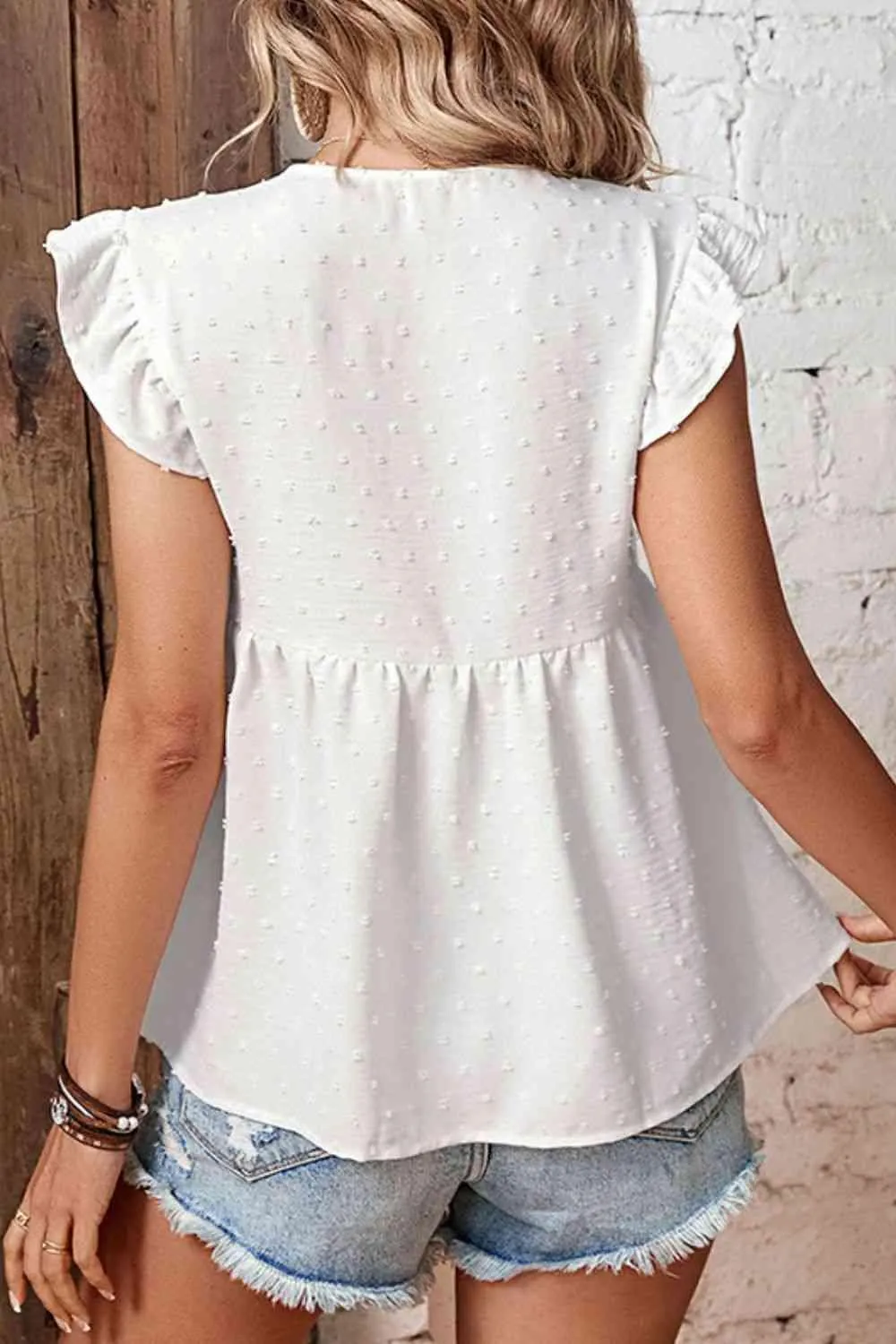 Maiden Swiss Dot Flutter Sleeve White Peplum Blouse