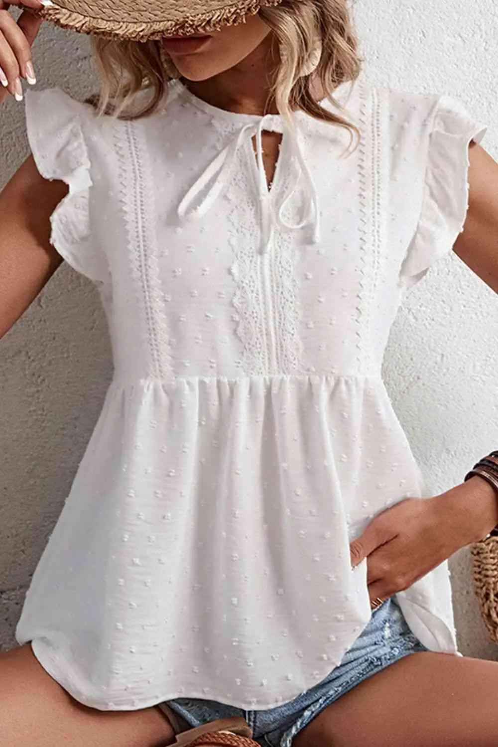 Maiden Swiss Dot Flutter Sleeve White Peplum Blouse