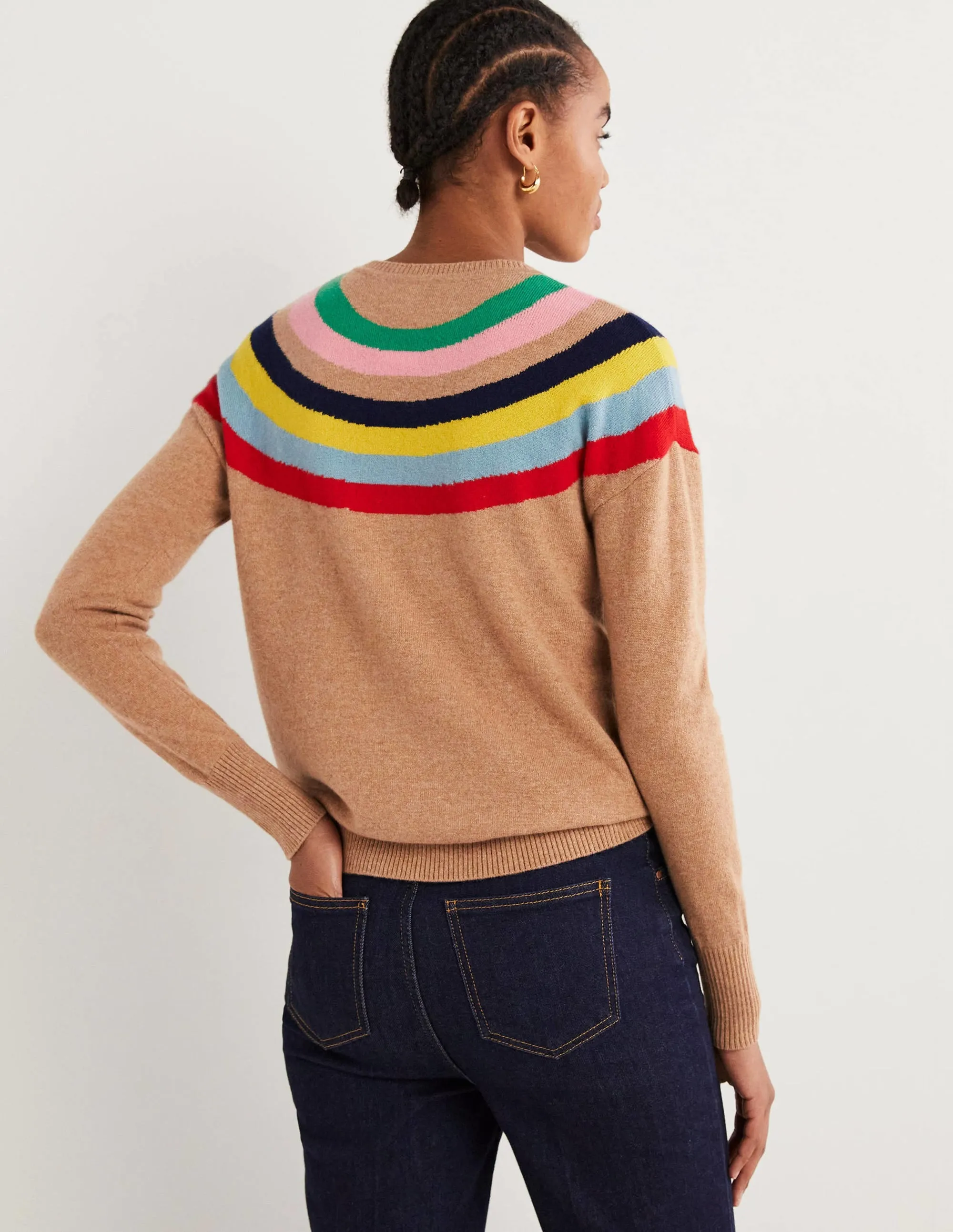 Margot Cashmere Jumper-Camel, Rainbow Neck Stripe