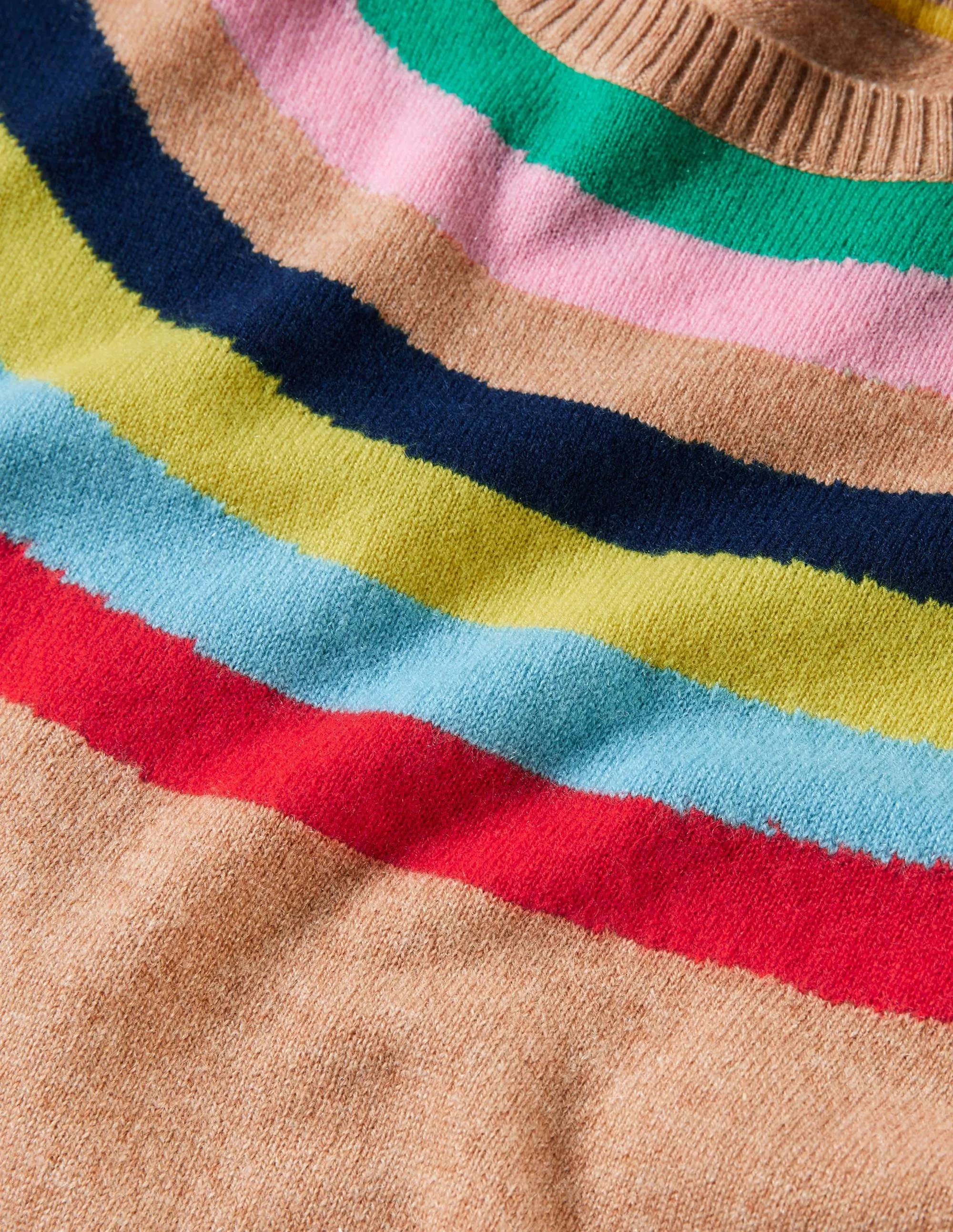 Margot Cashmere Jumper-Camel, Rainbow Neck Stripe