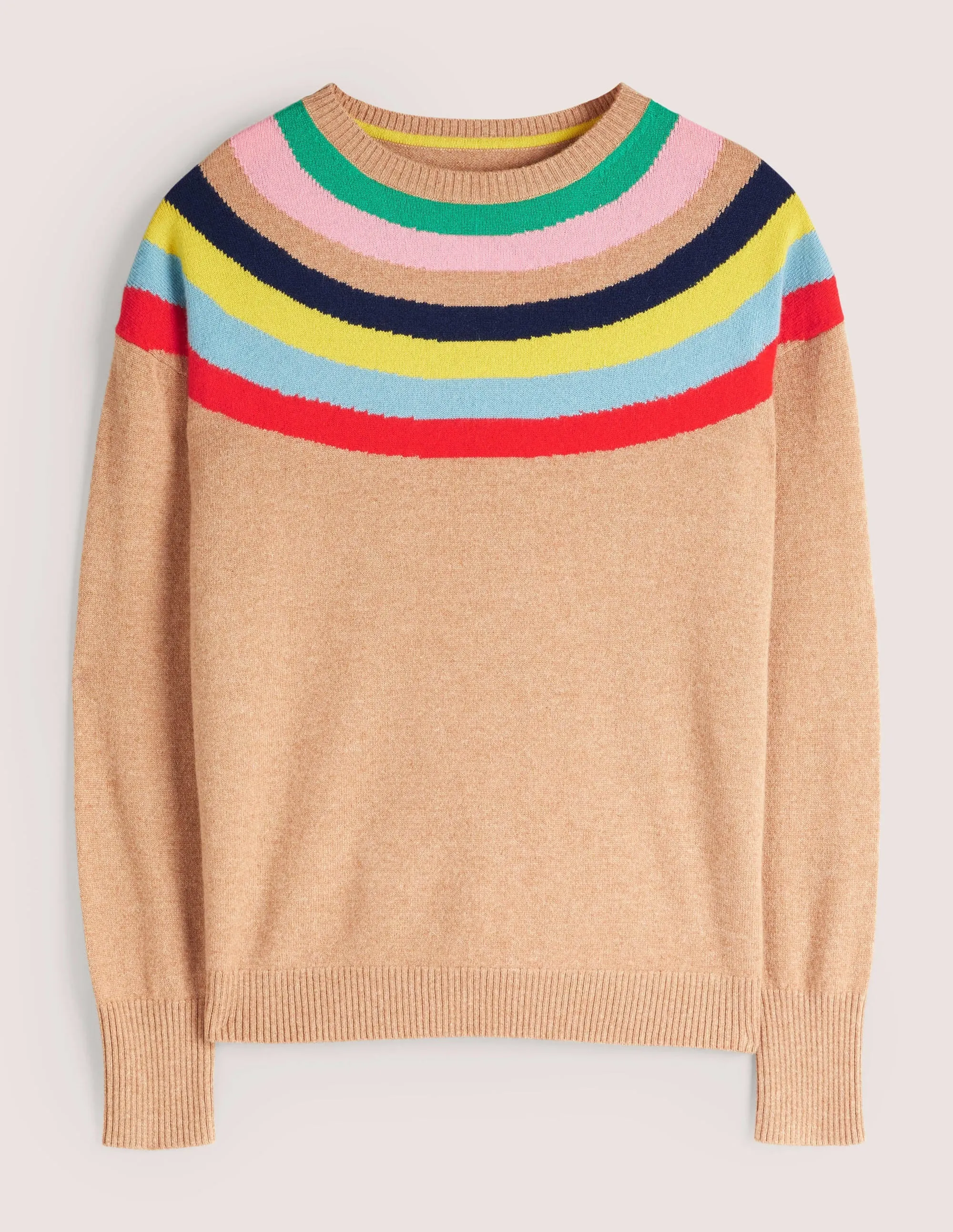 Margot Cashmere Jumper-Camel, Rainbow Neck Stripe