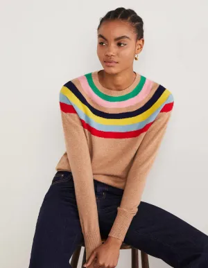 Margot Cashmere Jumper-Camel, Rainbow Neck Stripe