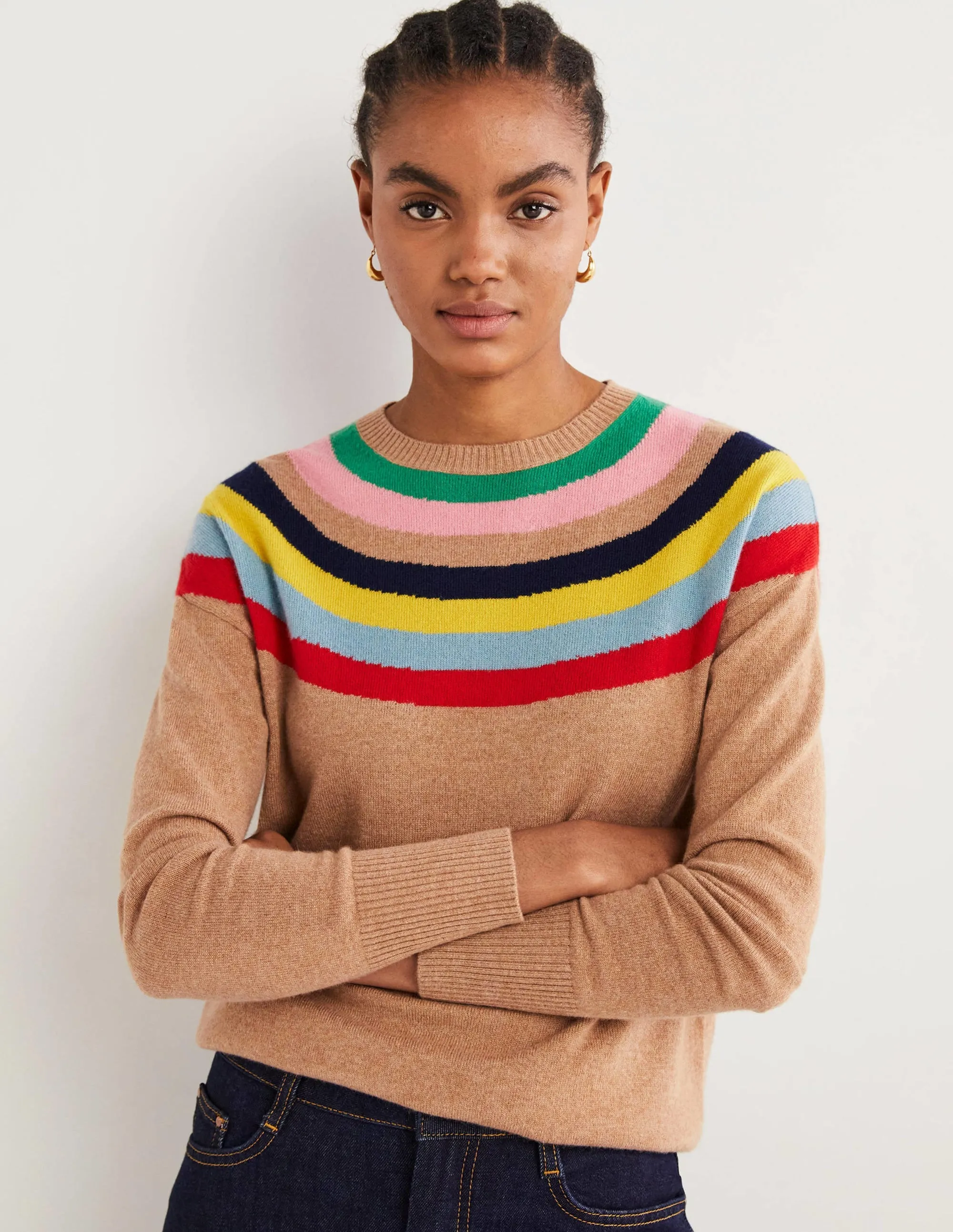 Margot Cashmere Jumper-Camel, Rainbow Neck Stripe