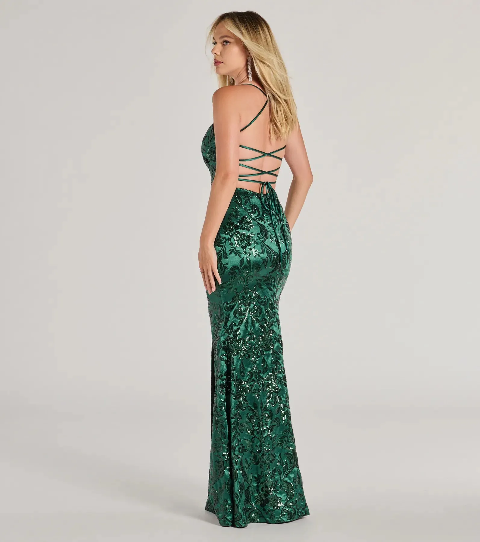 Marisol Lace-Up Mermaid Sequin Satin Formal Dress