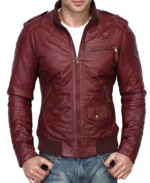 Maroon Slim Fit Leather Biker Jacket