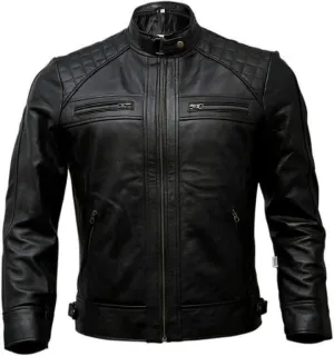 Men's Black Leather Bomber Biker Jacket