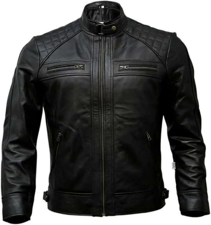 Men's Black Leather Bomber Biker Jacket